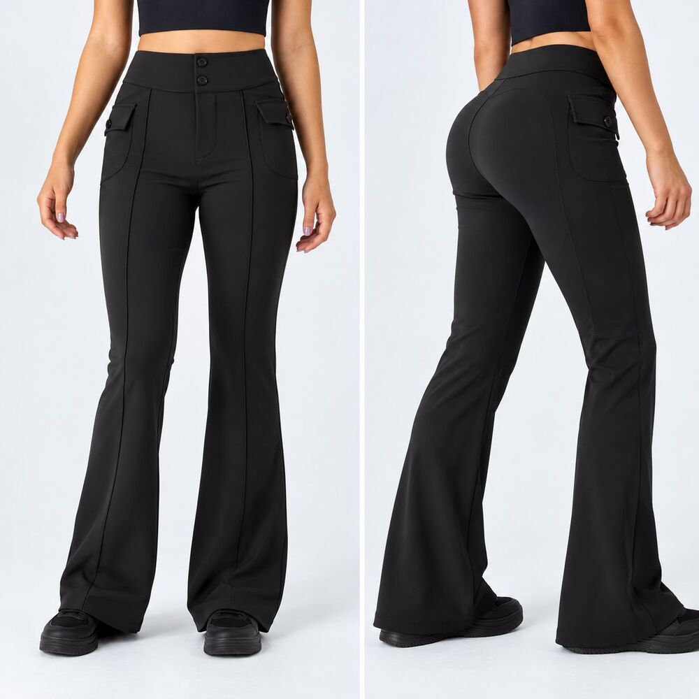 Halara High Waisted Side Flap Pocket Flare Cargo Pants Large Tall Black Stretch